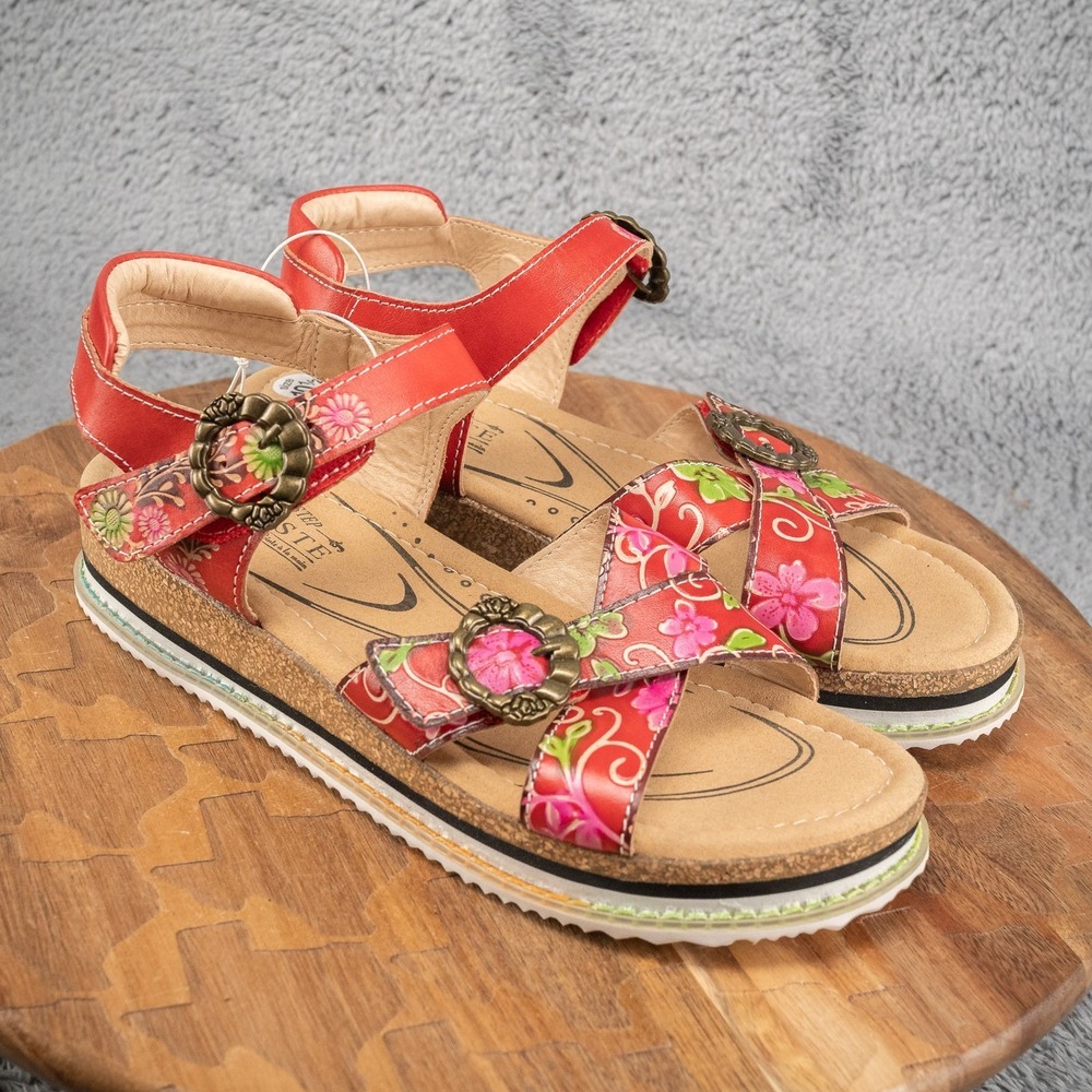 L'Artiste x Jane & Coco Leather Sandals Gabriola Red Floral Multi EU 42 US‎ 10.5